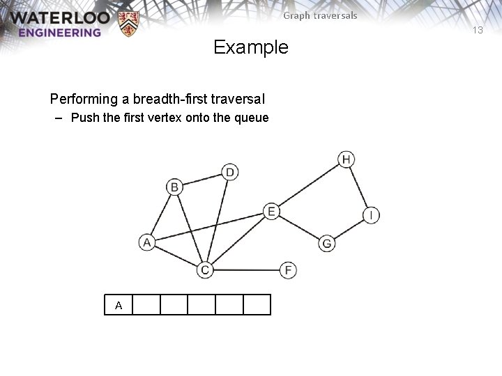 Graph traversals 13 Example Performing a breadth-first traversal – Push the first vertex onto