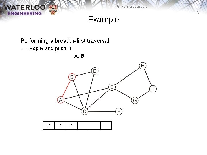 Graph traversals 15 Example Performing a breadth-first traversal: – Pop B and push D