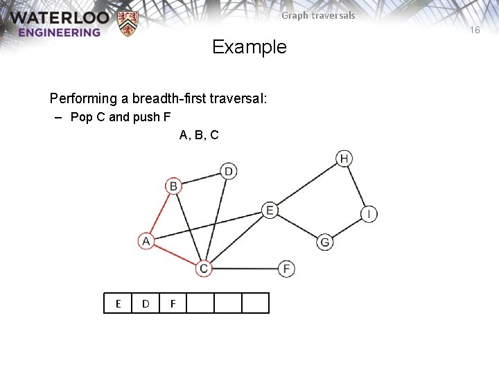 Graph traversals 16 Example Performing a breadth-first traversal: – Pop C and push F