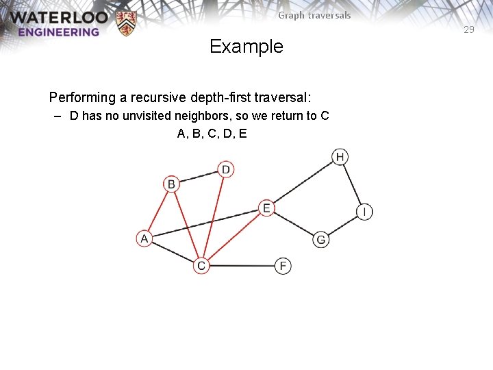 Graph traversals 29 Example Performing a recursive depth-first traversal: – D has no unvisited