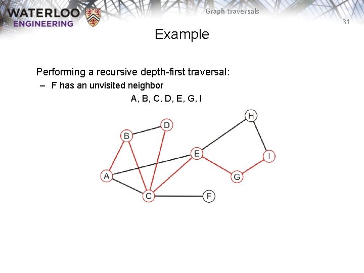 Graph traversals 31 Example Performing a recursive depth-first traversal: – F has an unvisited