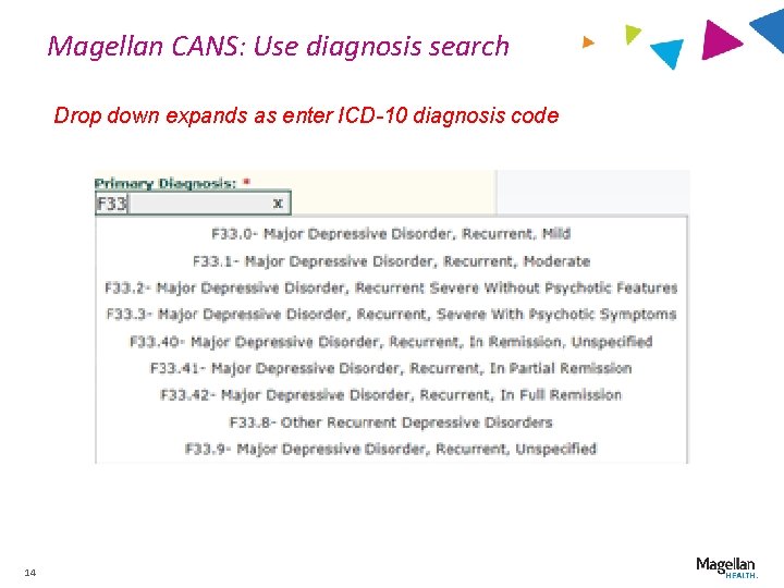 Magellan CANS: Use diagnosis search Drop down expands as enter ICD-10 diagnosis code 14