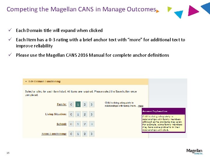 Competing the Magellan CANS in Manage Outcomes ü Each Domain title will expand when