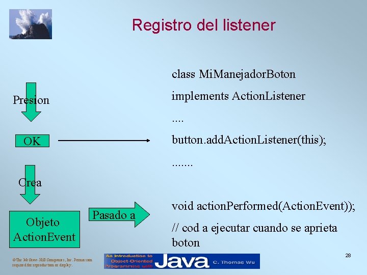 Registro del listener class Mi. Manejador. Boton implements Action. Listener Presion . . button. Registro del listener class Mi. Manejador. Boton implements Action. Listener Presion . . button.