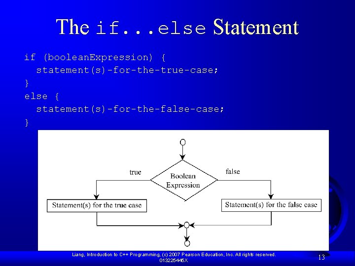 The if. . . else Statement if (boolean. Expression) { statement(s)-for-the-true-case; } else {