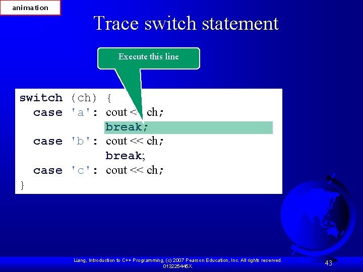 animation Trace switch statement Execute this line switch (ch) { case 'a': cout <<