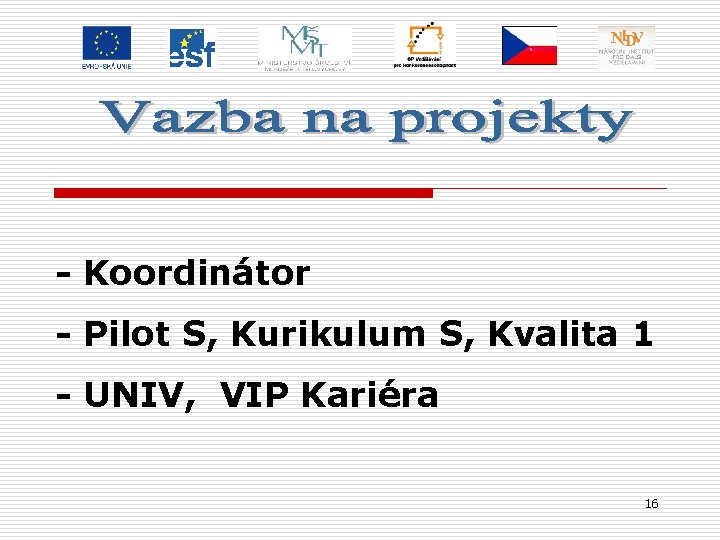 - Koordinátor - Pilot S, Kurikulum S, Kvalita 1 - UNIV, VIP Kariéra 16