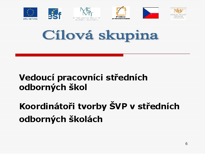 Vedoucí pracovníci středních odborných škol Koordinátoři tvorby ŠVP v středních odborných školách 6 