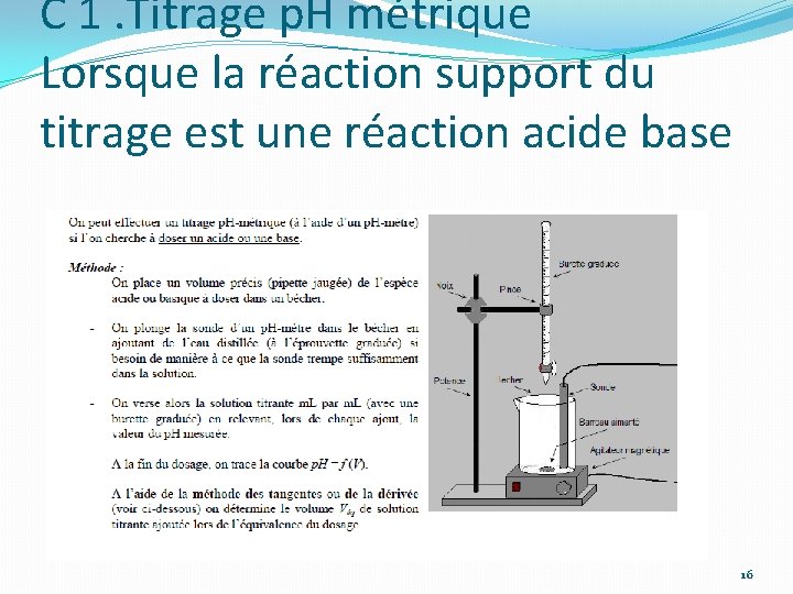 C 1. Titrage p. H métrique Lorsque la réaction support du titrage est une