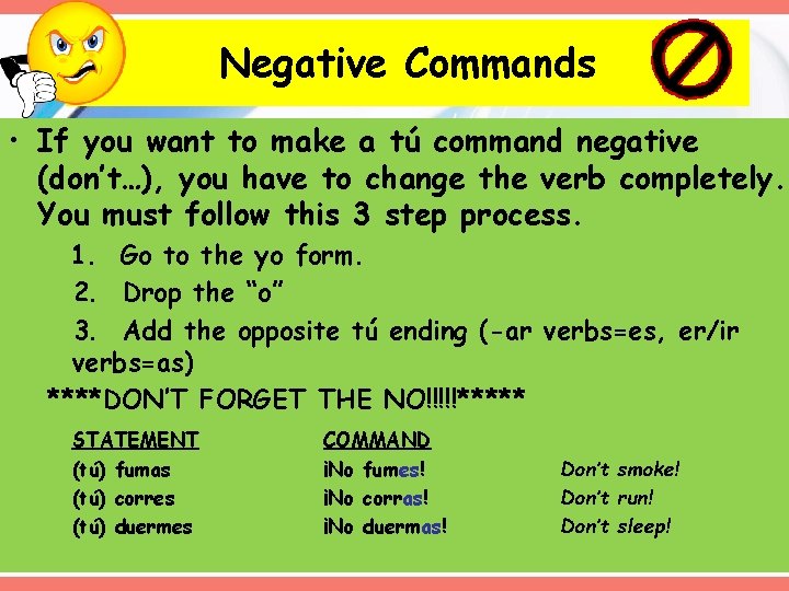 Negative Commands • If you want to make a tú command negative (don’t…), you