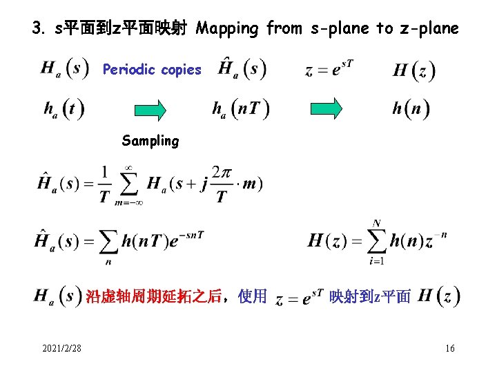 3. s平面到z平面映射 Mapping from s-plane to z-plane Periodic copies Sampling 沿虚轴周期延拓之后,使用 2021/2/28 映射到z平面 16 3. s平面到z平面映射 Mapping from s-plane to z-plane Periodic copies Sampling 沿虚轴周期延拓之后,使用 2021/2/28 映射到z平面 16