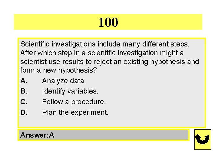 100 Scientific investigations include many different steps. After which step in a scientific investigation