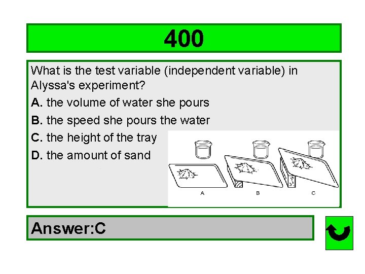 400 What is the test variable (independent variable) in Alyssa's experiment? A. the volume