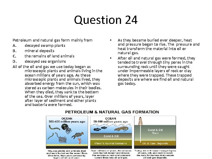 Question 24 Petroleum and natural gas form mainly from A. decayed swamp plants B.