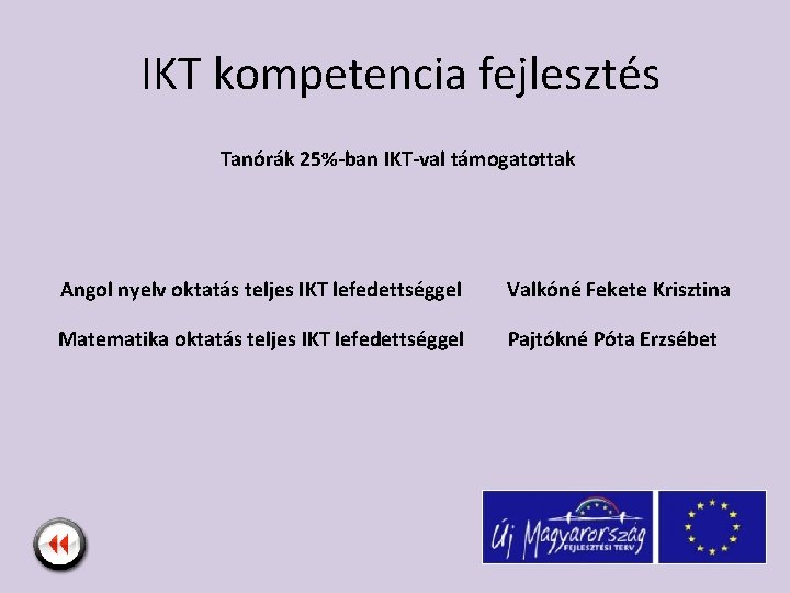 IKT kompetencia fejlesztés Tanórák 25%-ban IKT-val támogatottak Angol nyelv oktatás teljes IKT lefedettséggel Valkóné