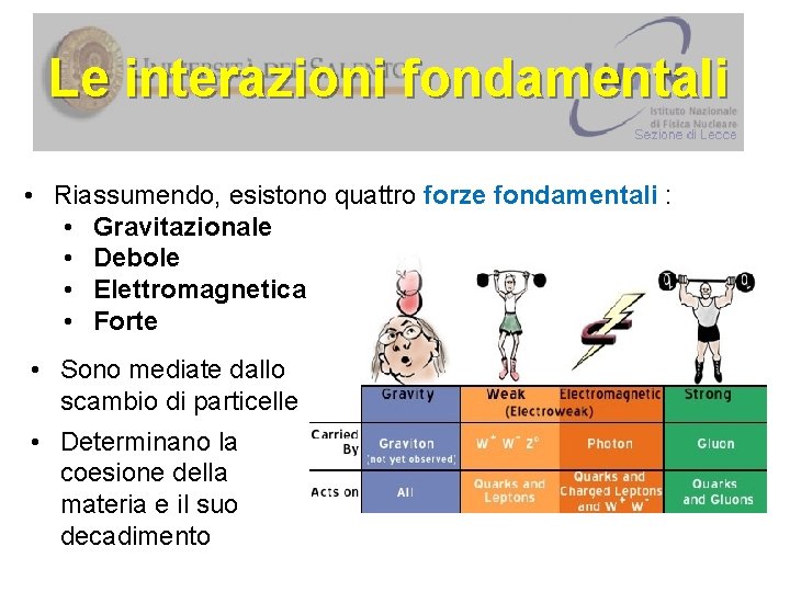 Le interazioni fondamentali • Riassumendo, esistono quattro forze fondamentali : • Gravitazionale • Debole