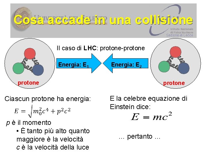 Cosa accade in una collisione Il caso di LHC: protone-protone LHC Energia: E 1