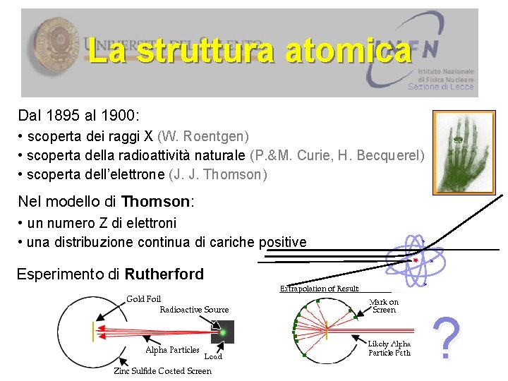 La struttura atomica Dal 1895 al 1900: • scoperta dei raggi X (W. Roentgen)