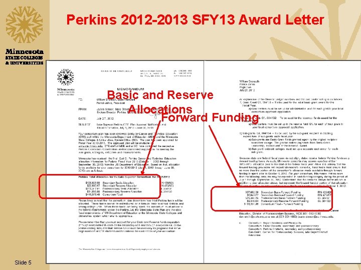 Perkins 2012 -2013 SFY 13 Award Letter Basic and Reserve Allocations Forward Funding Slide