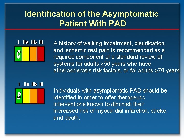 Identification of the Asymptomatic Patient With PAD I IIa IIb III A history of