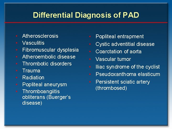 Differential Diagnosis of PAD • • • Atherosclerosis Vasculitis Fibromuscular dysplasia Atheroembolic disease Thrombotic