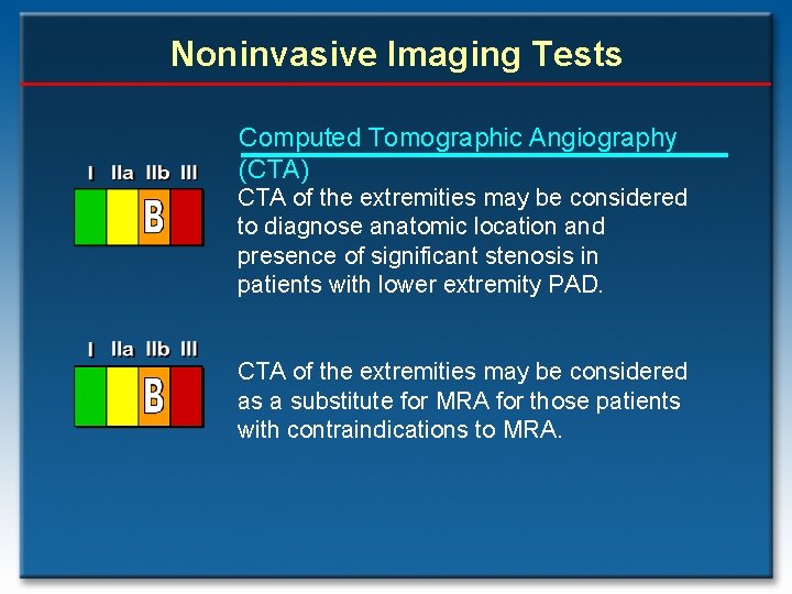 Noninvasive Imaging Tests Computed Tomographic Angiography (CTA) CTA of the extremities may be considered