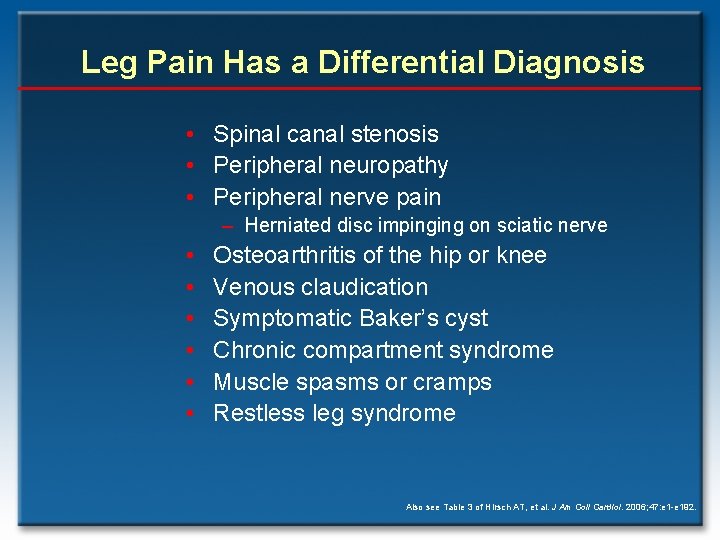 Leg Pain Has a Differential Diagnosis • Spinal canal stenosis • Peripheral neuropathy •