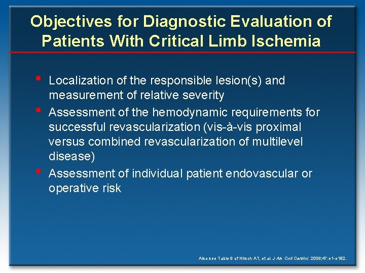 Objectives for Diagnostic Evaluation of Patients With Critical Limb Ischemia • • • Localization