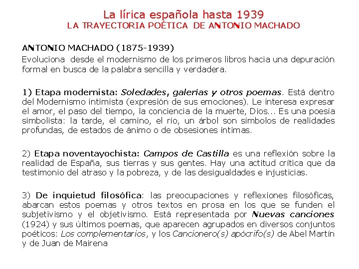 La lírica española hasta 1939 LA TRAYECTORIA POÉTICA DE ANTONIO MACHADO (1875 -1939) Evoluciona