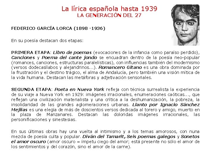 La lírica española hasta 1939 LA GENERACIÓN DEL 27 FEDERICO GARCÍA LORCA (1898 -1936)