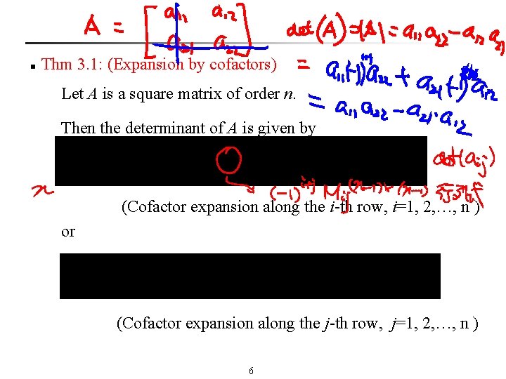 n Thm 3. 1: (Expansion by cofactors) Let A is a square matrix of