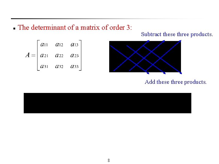 n The determinant of a matrix of order 3: Subtract these three products. Add