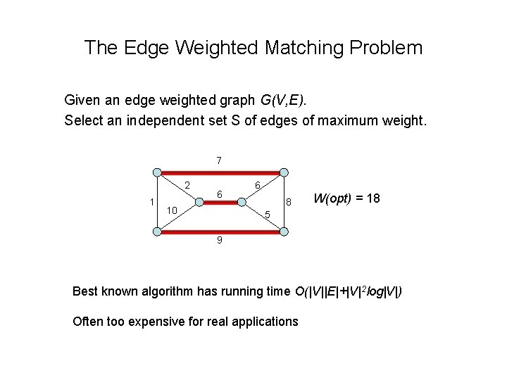 The Edge Weighted Matching Problem Given an edge weighted graph G(V, E). Select an The Edge Weighted Matching Problem Given an edge weighted graph G(V, E). Select an