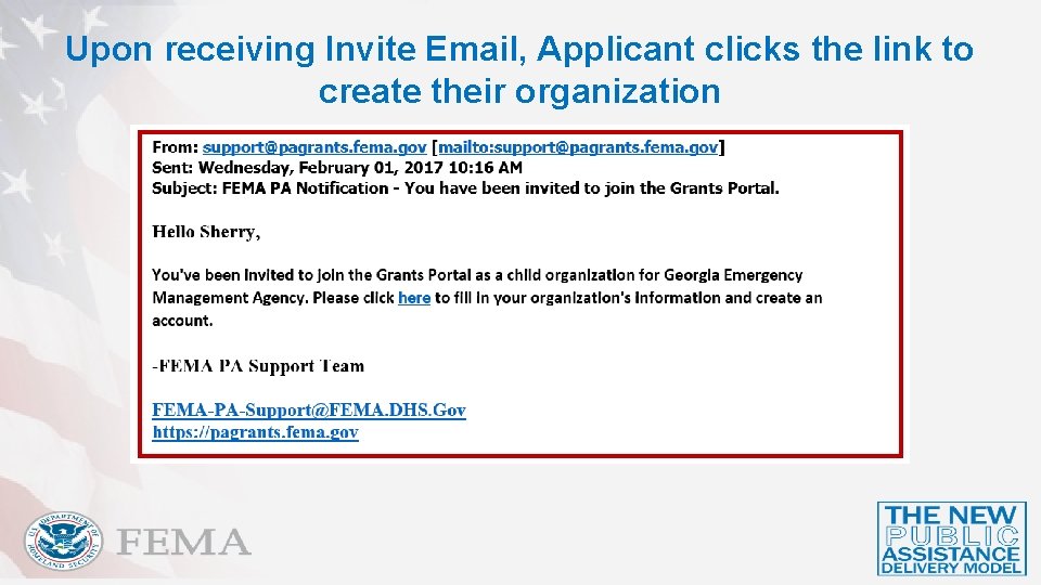 Upon receiving Invite Email, Applicant clicks the link to create their organization 