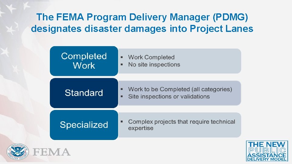 The FEMA Program Delivery Manager (PDMG) designates disaster damages into Project Lanes 