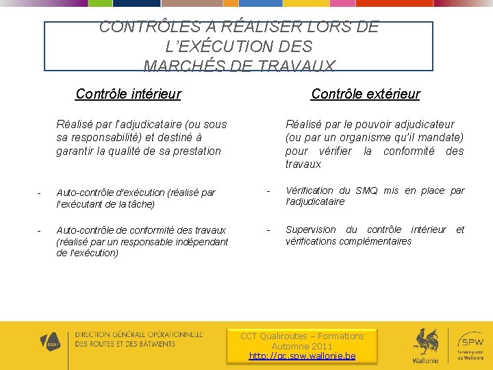 CONTRÔLES A RÉALISER LORS DE L’EXÉCUTION DES MARCHÉS DE TRAVAUX Contrôle intérieur Contrôle extérieur