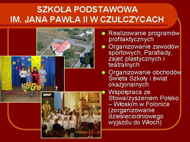 SZKOŁA PODSTAWOWA IM. JANA PAWŁA II W CZUŁCZYCACH Realizowanie programów profilaktycznych l Organizowanie zawodów