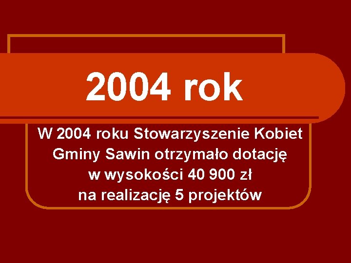 2004 rok W 2004 roku Stowarzyszenie Kobiet Gminy Sawin otrzymało dotację w wysokości 40