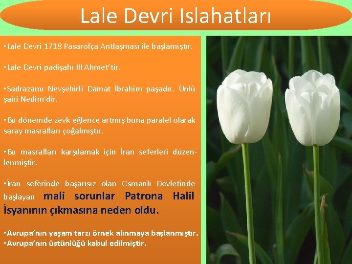 Lale Devri Islahatları • Lale Devri 1718 Pasarofça Antlaşması ile başlamıştır. • Lale Devri