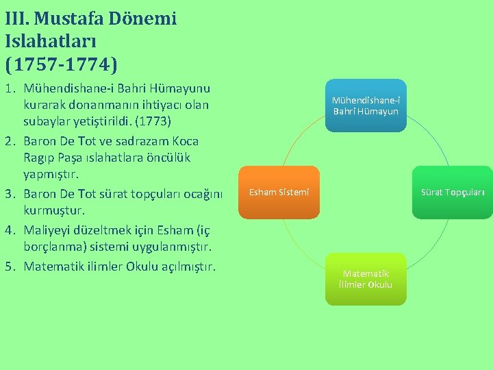 III. Mustafa Dönemi Islahatları (1757 -1774) 1. Mühendishane-i Bahri Hümayunu kurarak donanmanın ihtiyacı olan