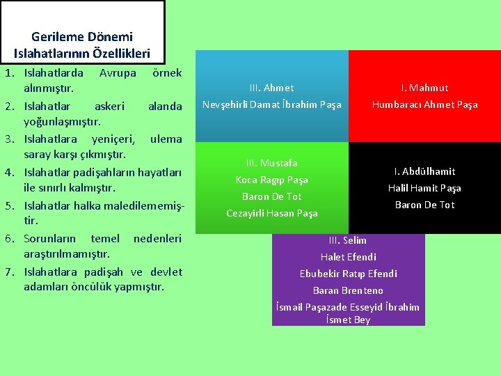 Gerileme Dönemi Islahatlarının Özellikleri 1. Islahatlarda Avrupa örnek alınmıştır. 2. Islahatlar askeri alanda yoğunlaşmıştır.