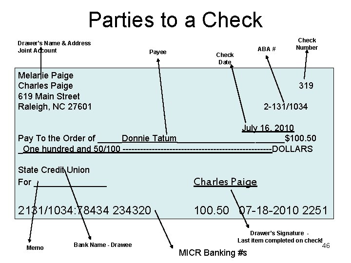 Parties to a Check Drawer’s Name & Address Joint Account Payee ABA # Check