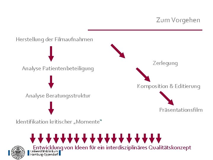 Zum Vorgehen Herstellung der Filmaufnahmen Analyse Patientenbeteiligung Zerlegung Komposition & Editierung Analyse Beratungsstruktur Präsentationsfilm