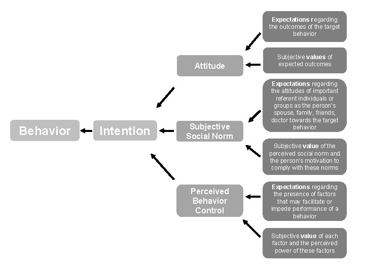 Expectations regarding the outcomes of the target behavior Attitude Behavior Intention Subjective Social Norm