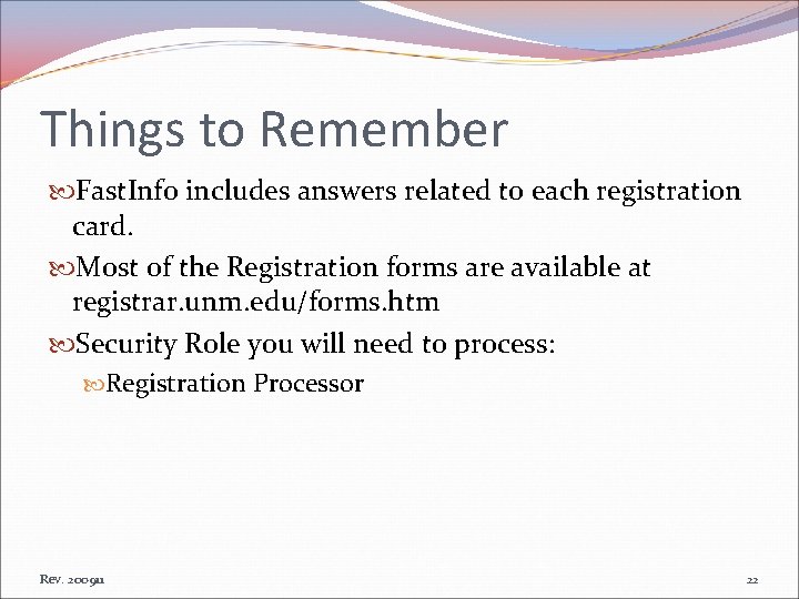 Things to Remember Fast. Info includes answers related to each registration card. Most of