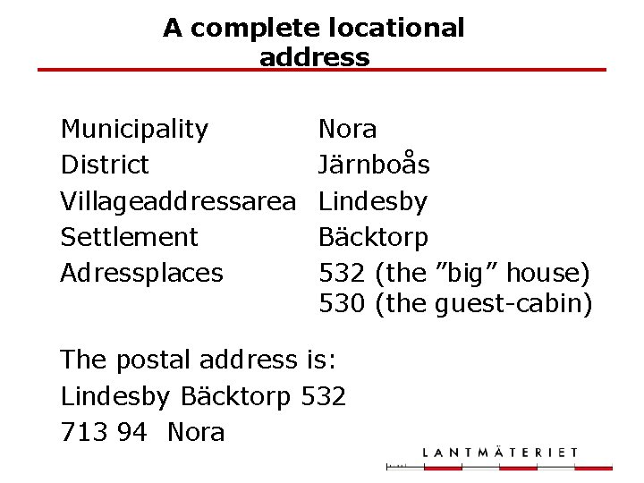 A complete locational address Municipality District Villageaddressarea Settlement Adressplaces Nora Järnboås Lindesby Bäcktorp 532