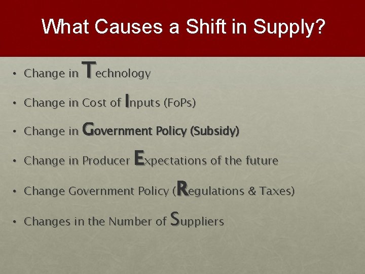 What Causes a Shift in Supply? • Change in Technology • Change in Cost