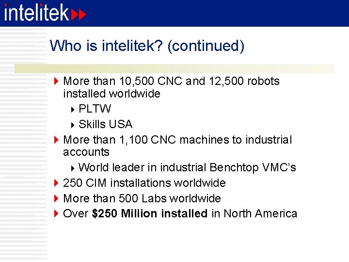 Who is intelitek? (continued) 4 More than 10, 500 CNC and 12, 500 robots