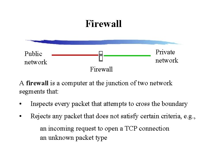 Firewall Public network Private network Firewall A firewall is a computer at the junction