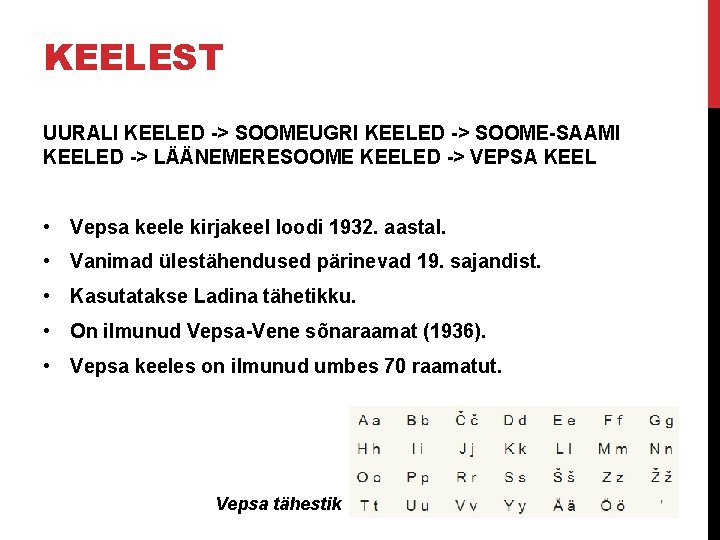 KEELEST UURALI KEELED -> SOOMEUGRI KEELED -> SOOME-SAAMI KEELED -> LÄÄNEMERESOOME KEELED -> VEPSA KEELEST UURALI KEELED -> SOOMEUGRI KEELED -> SOOME-SAAMI KEELED -> LÄÄNEMERESOOME KEELED -> VEPSA
